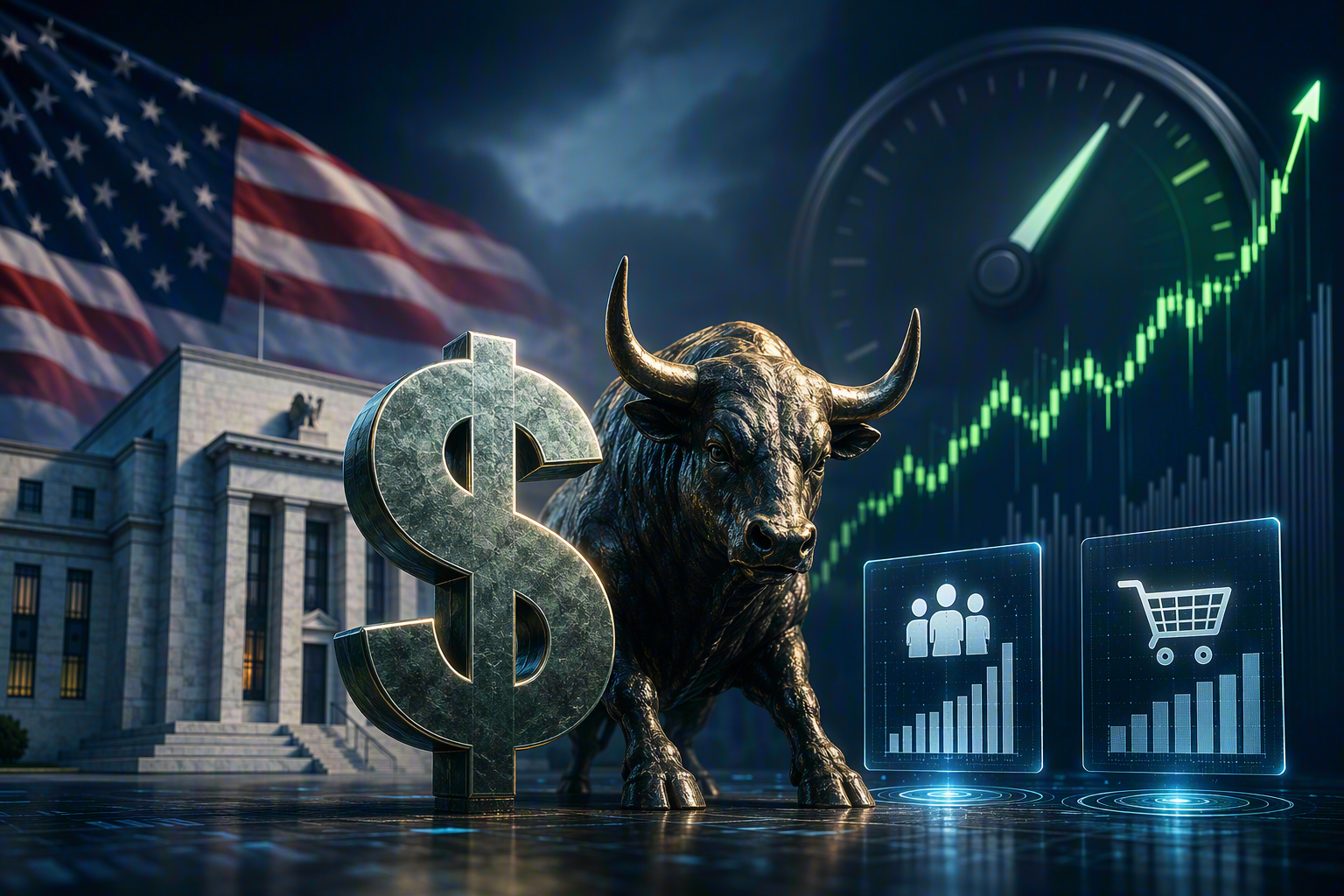 Bronze bull and a large dollar sign stand before a government-style building with the US flag, while rising stock charts loom in the background.