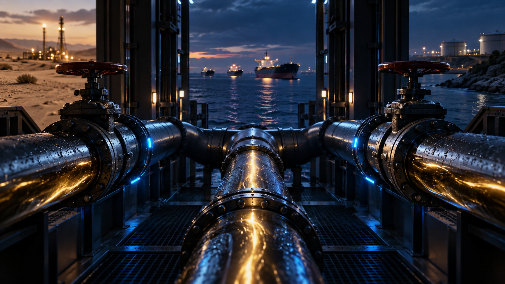 Industrial pipeline with large steel pipes and red valve wheels, lit by blue LEDs, overlooking a harbor at dusk with ships in the water.
