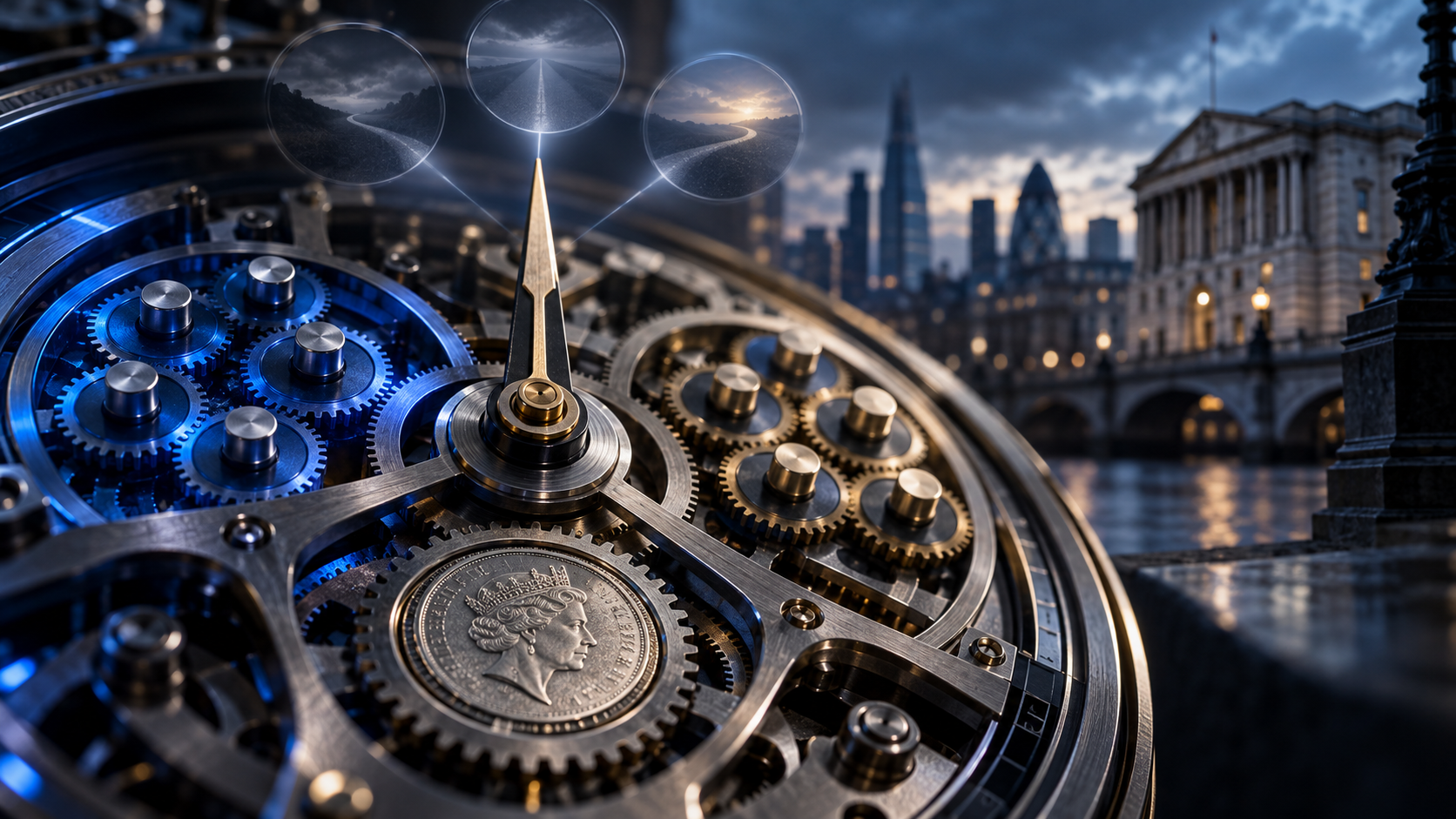 Macro shot of interlocking gears and a coin, with a blurred cityscape at dusk in the background.
