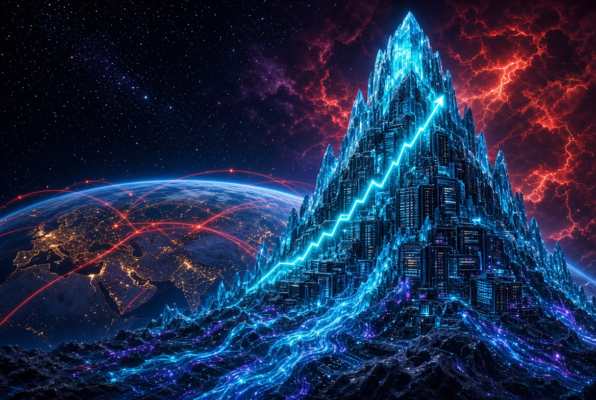 Blue neon crystal mountain with a rising glowing arrow, over a planet with red network lines, symbolizing rapid growth.
