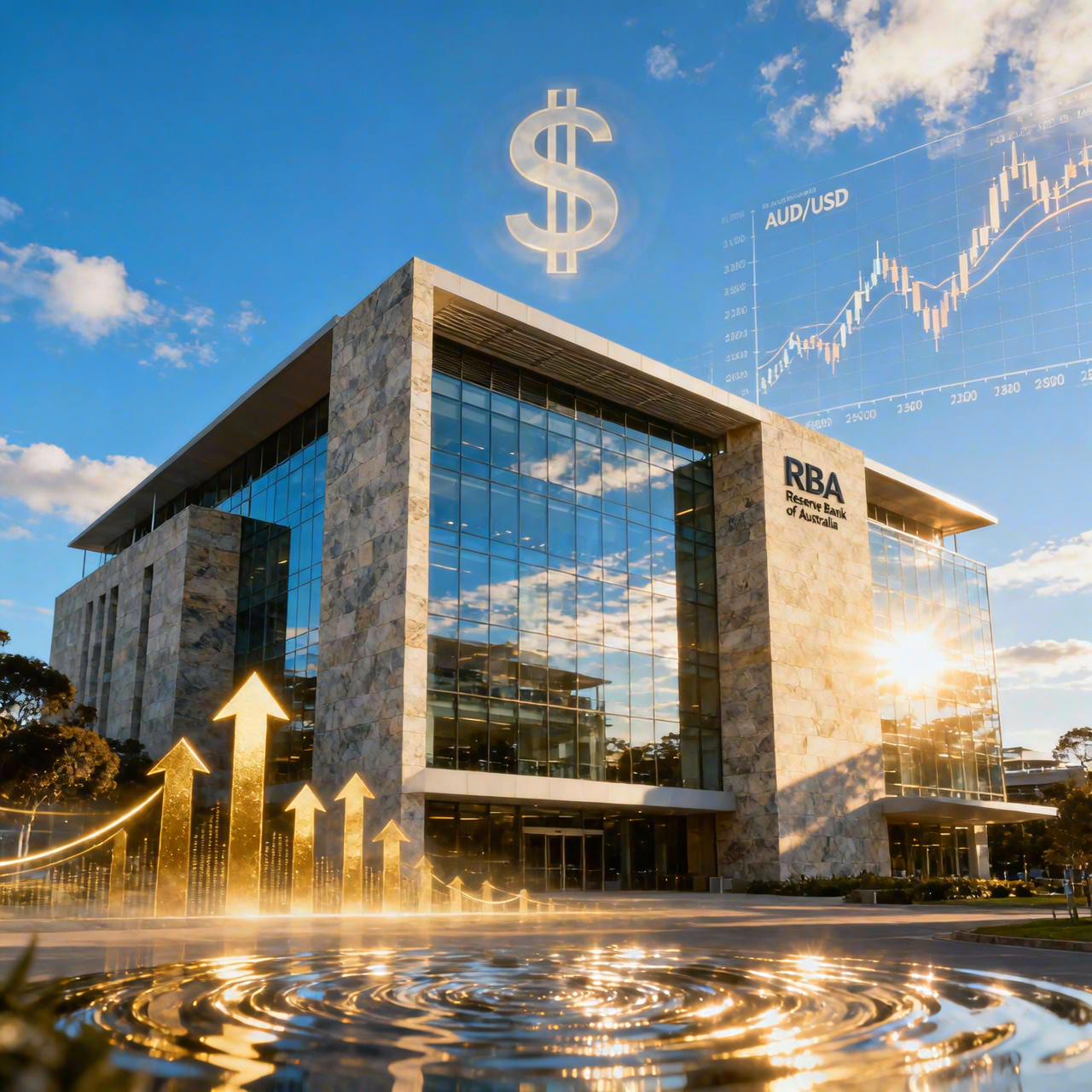RBA building with glass facade and a glowing dollar sign overhead, symbolizing finance growth.