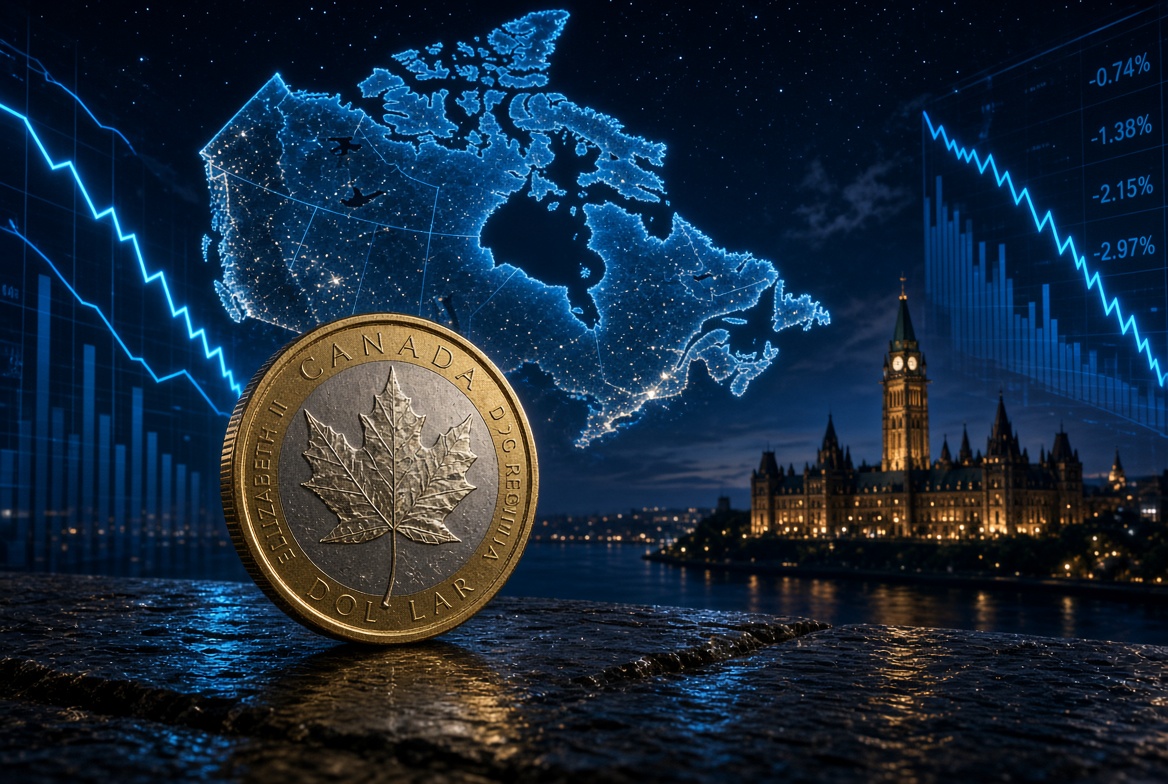 Close-up of a Canadian dollar coin with a maple leaf, a glowing map of Canada, Ottawa's Parliament buildings, and blue stock charts in the background at night.