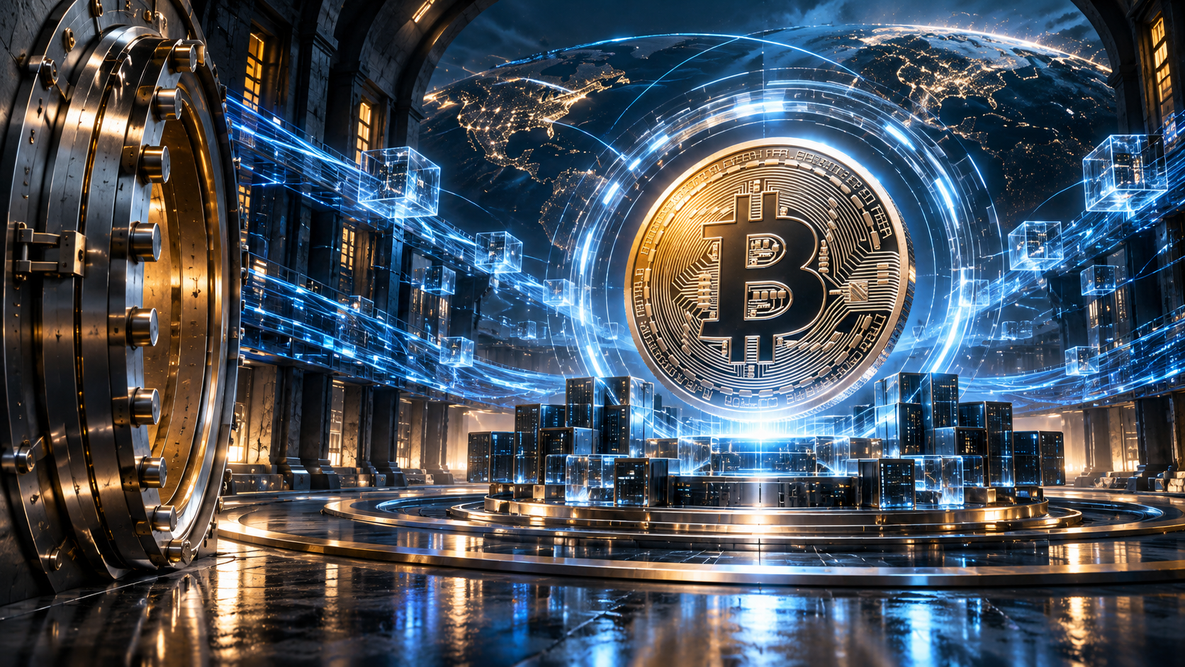 Giant Bitcoin coin floating in a futuristic vault with glowing blue data streams and cube holograms.