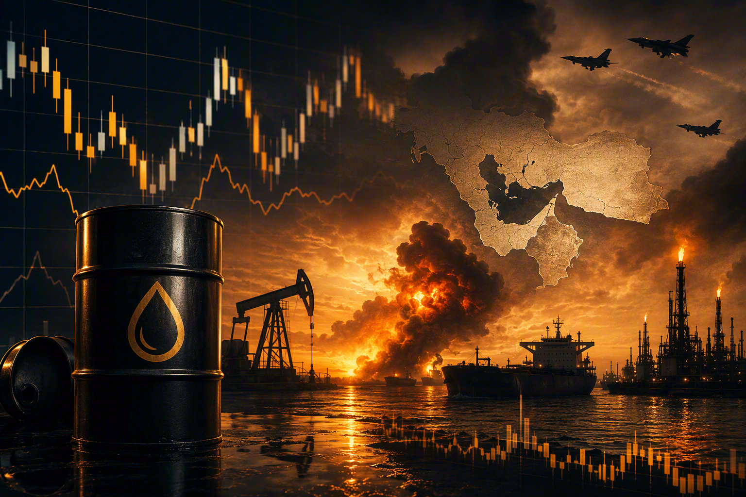 Oil barrel in the foreground with offshore rigs, burning explosions, ships, and a regional map overlay at sunset, conveying oil-based crisis.
