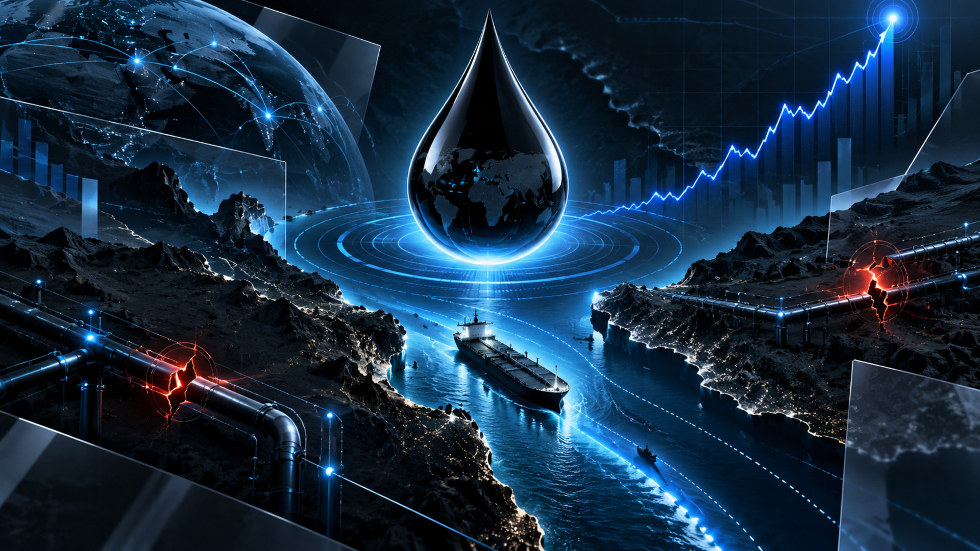 A glowing blue Earth inside a water drop hovering above a neon-lit landscape of pipelines and ships, symbolizing global energy or water networks.