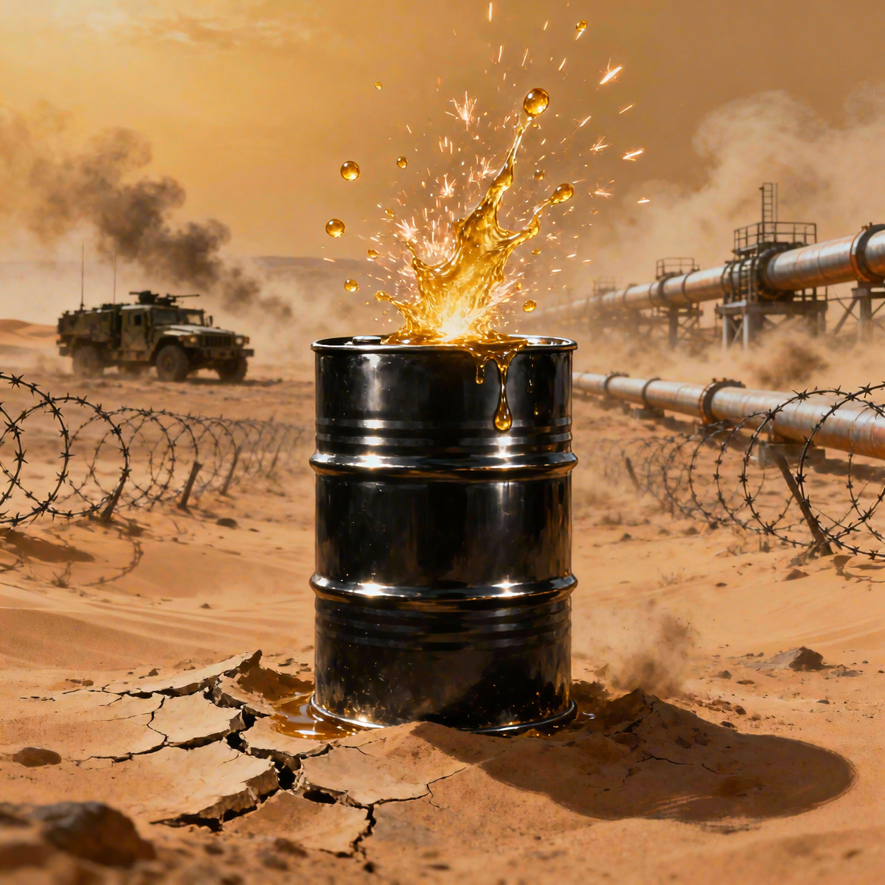 Oil barrel bursting with golden liquid in a desert industrial site, with barbed wire fencing and pipelines in the background, a vehicle in the distance.
