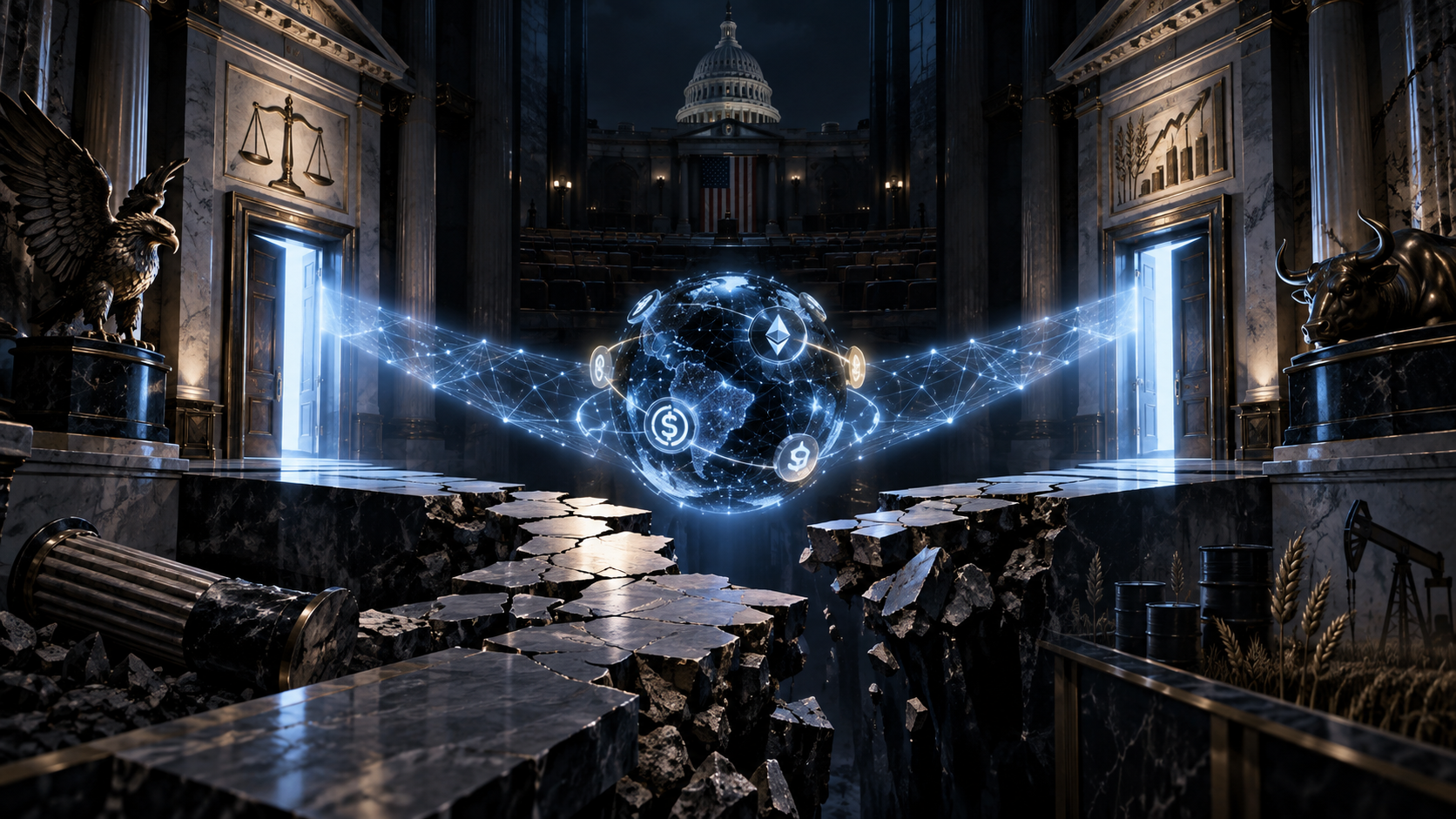 Holographic globe with crypto icons floats above a crumbled marble floor in a grand, ruined hall, with the Capitol dome visible in the background.
