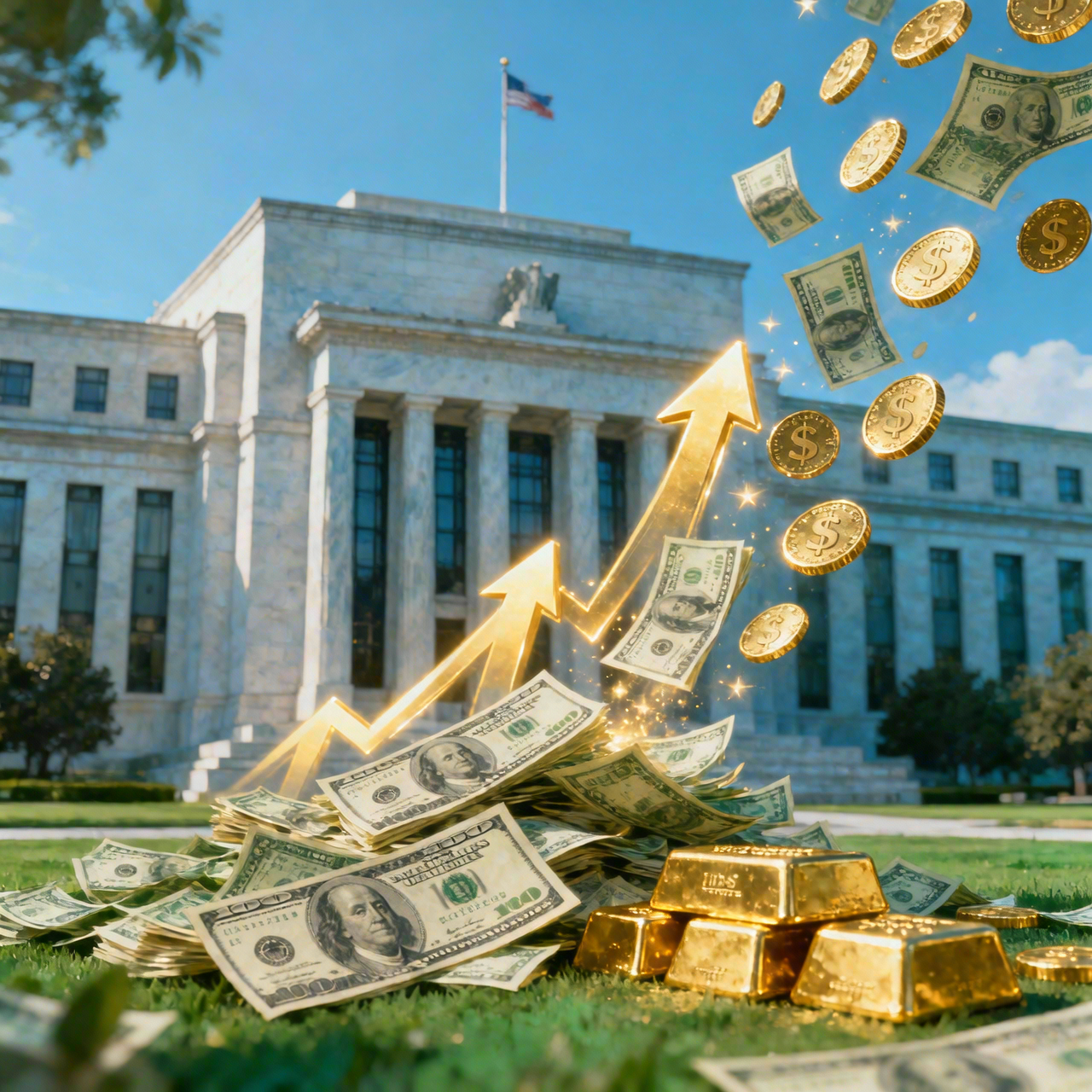Upward-trending financial growth with dollar bills, coins, and gold bars in front of a marble institutional building