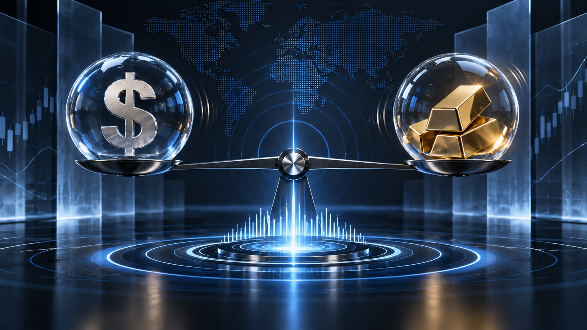 Balance scale with a dollar sign on the left and gold bars on the right, symbolizing currency vs precious metals in finance.