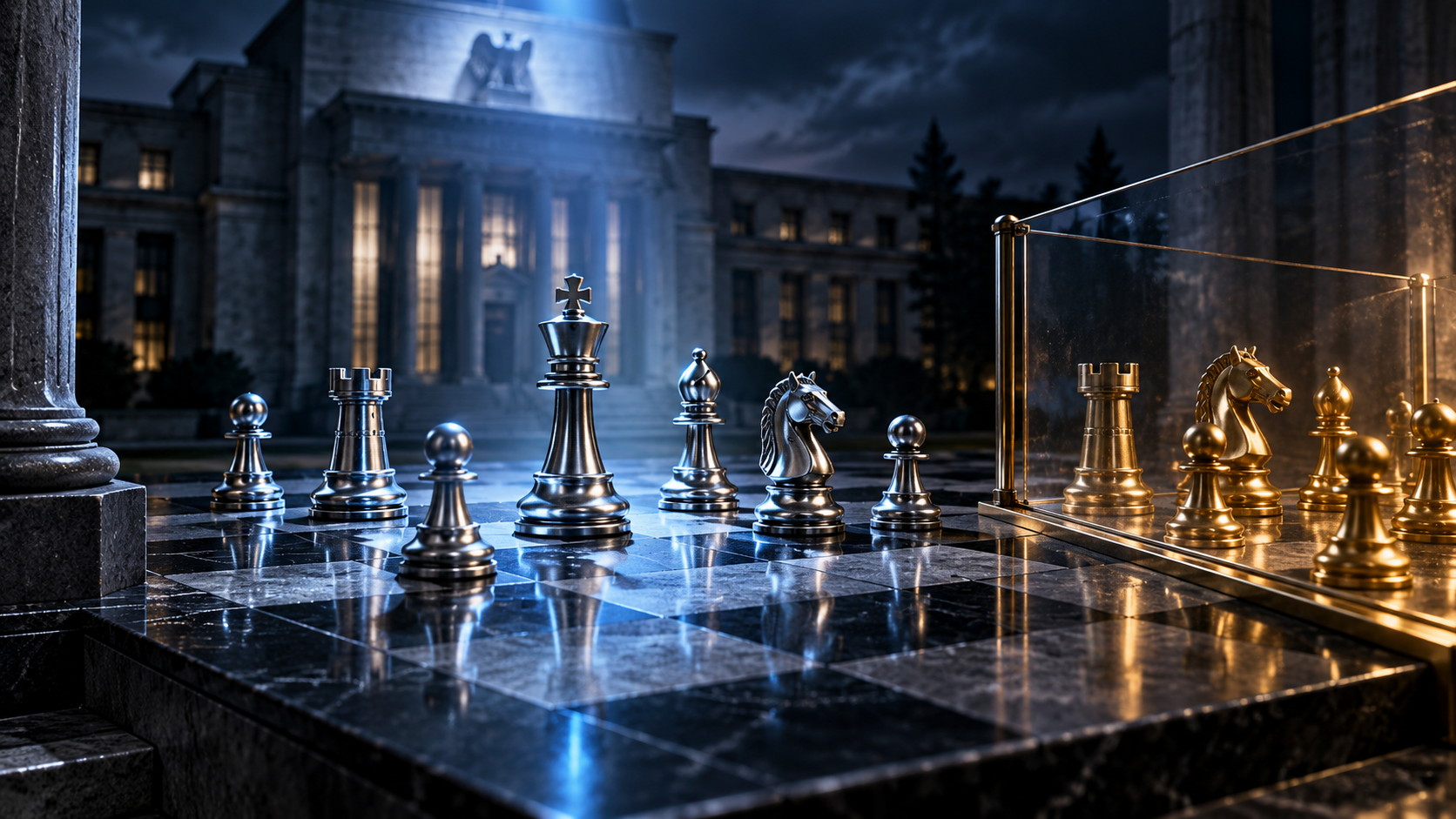 Nighttime marble chessboard with metallic chess pieces, glass barrier on the right, neoclassical building in the background.