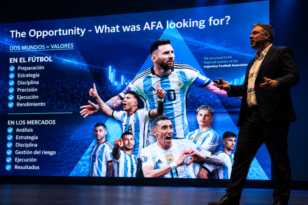 image – PU Prime | More Than Trading Presenter in a suit speaks on stage beside a large blue sales slide showing Argentina soccer players and a checklist of goals like 'Preparación' and 'Análisis'.