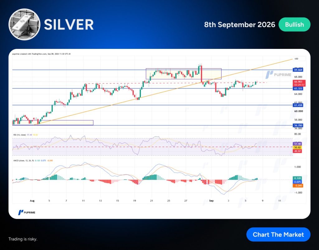 Banner chart showing Silver with a price chart, trend lines, RSI and MACD indicators (Bullish sentiment).
