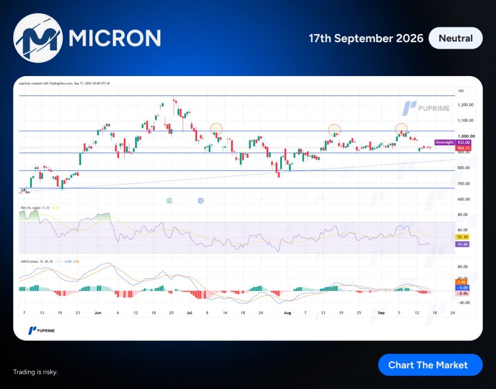 image – PU Prime | More Than Trading Micron Technologies stock chart showing price movement with blue support and resistance lines and technical indicators (RSI, MACD).