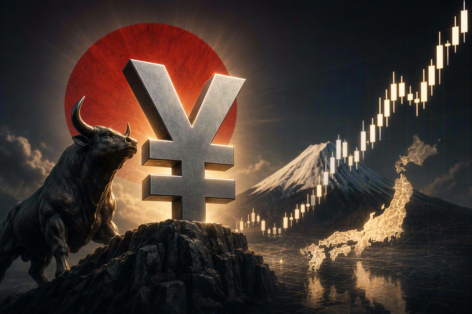 Bull statue beside a large Yen symbol on a rocky peak, with a red sun, Mt. Fuji, and a rising candlestick chart in the background, signaling a bullish yen market.