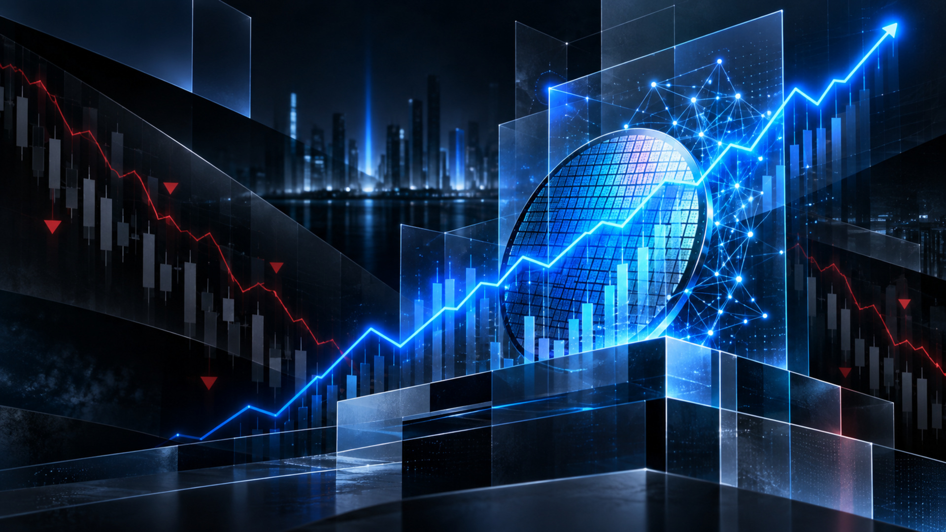 Blue digital globe with interconnected nodes and a rising line graph representing global data growth and fintech networks.