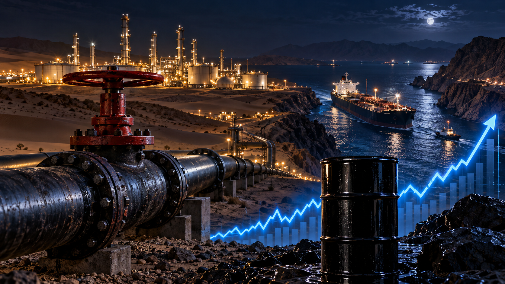 Nighttime view of an oil refinery and coastal pipeline with a large red valve in the foreground, ships at sea, and a blue upward-growth chart overlaying the scene to imply rising energy profits.