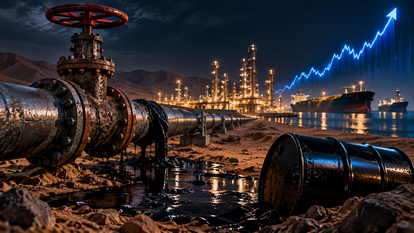 Nighttime oil pipeline scene with a large red valve, rusty piping and illuminated refinery towers in the background; ships on calm water and a blue rising chart indicate growth.