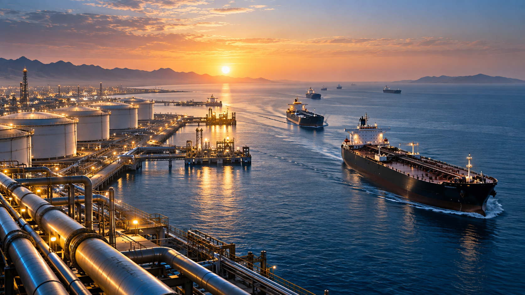 Port at sunset showing large tanker ships, illuminated refineries, storage tanks, and docks along a calm sea.