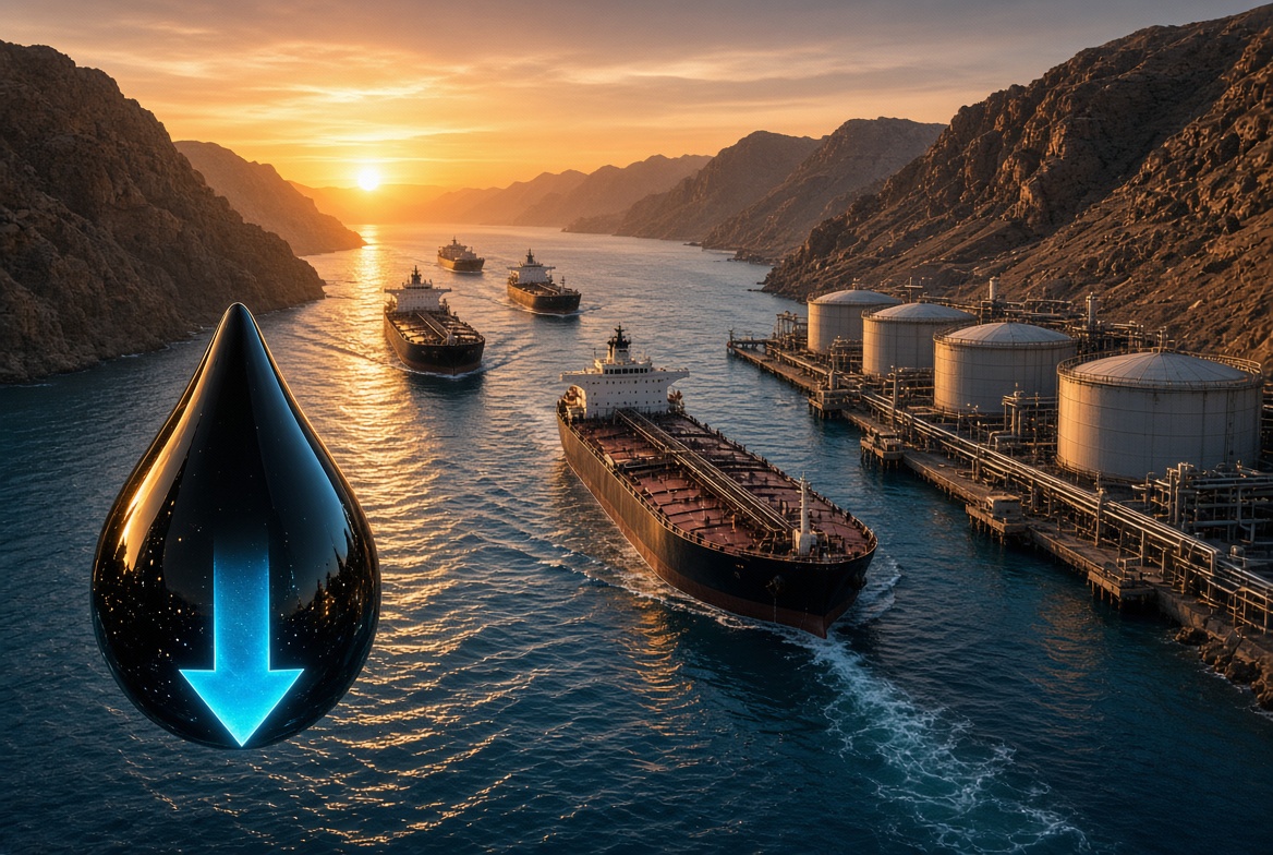 Oil drop icon with a glowing blue downward arrow over a port with tankers and storage tanks at sunset, suggesting falling oil prices or decline in oil deliveries.