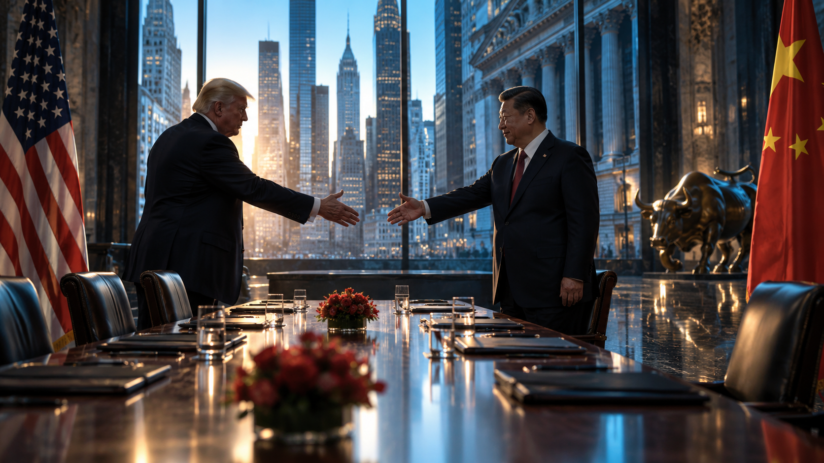 Two world leaders in dark suits shake hands across a polished conference table, with US and China flags nearby and a city skyline backdrop at sunset.