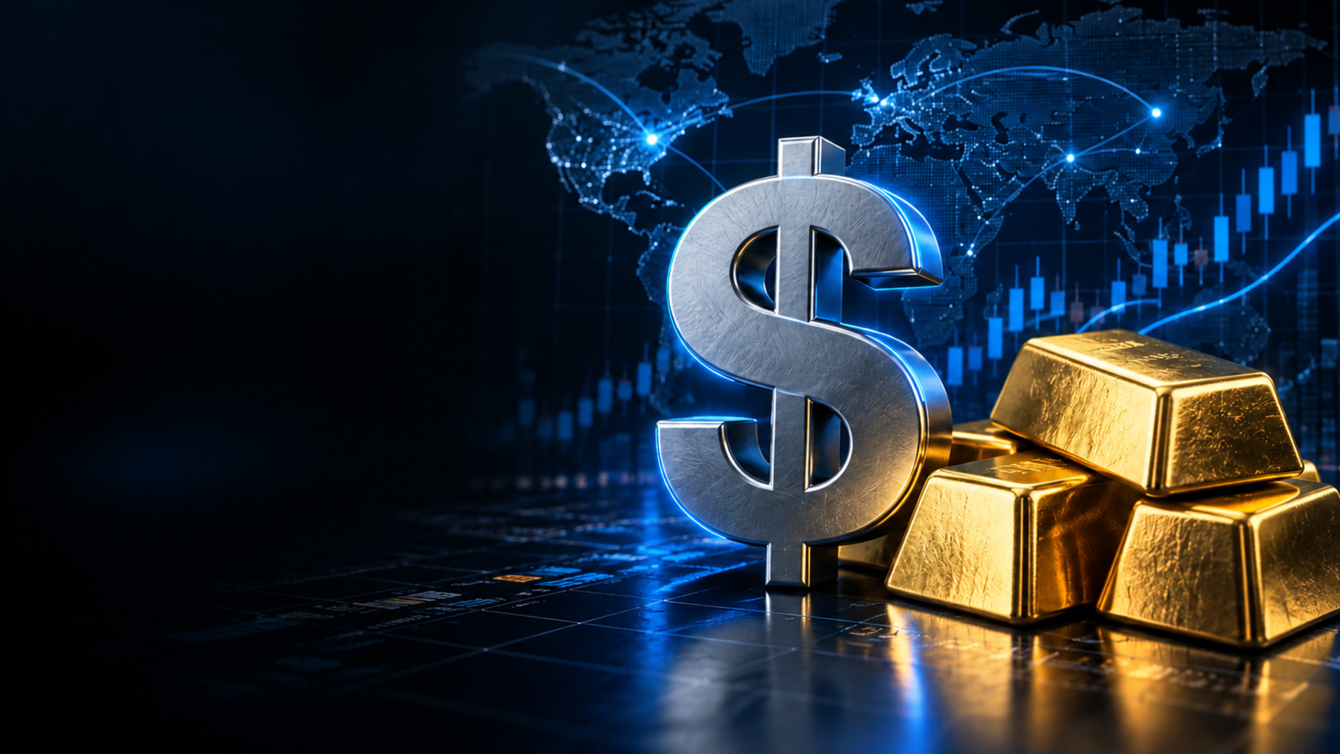Silver dollar sign beside stacked gold bars against a blue digital world map and stock chart backdrop, symbolizing finance and wealth.