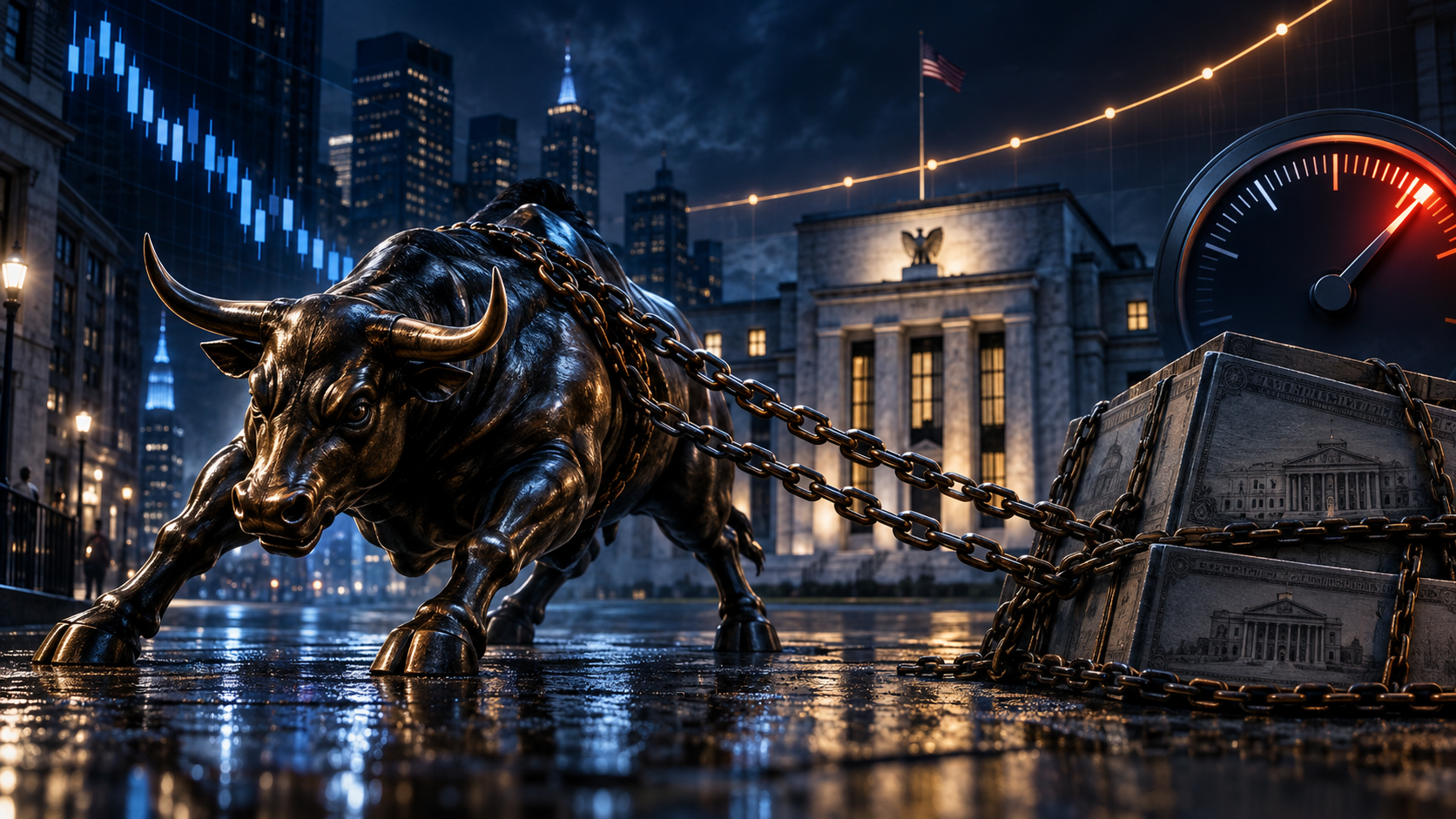 Bronze charging bull chained to large stacks of money in a nighttime cityscape.