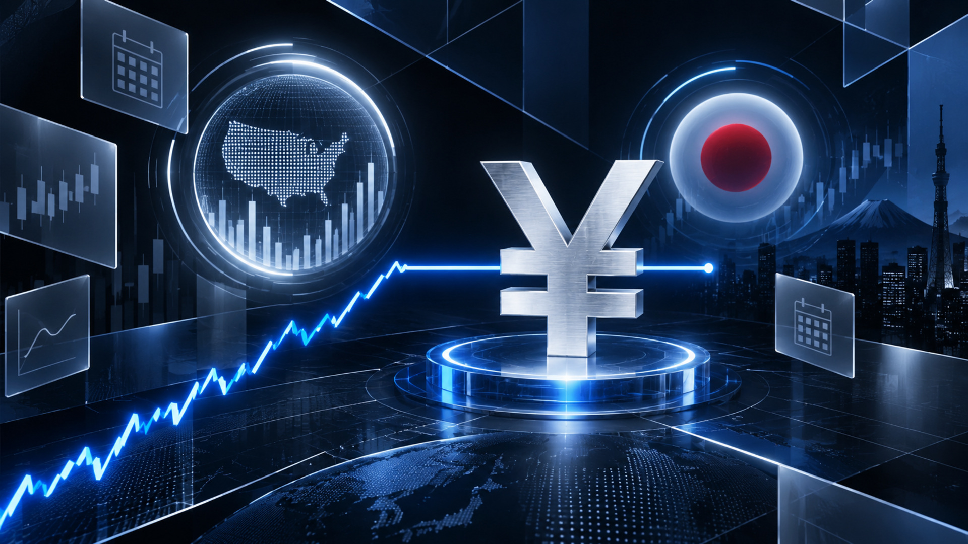 Large metallic yen symbol on a glowing platform, surrounded by neon stock charts and a digital globe in a futuristic finance scene.