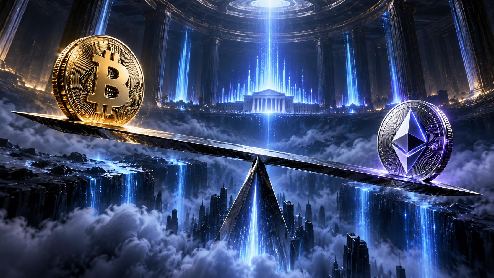 Bitcoin and Ethereum balance on a seesaw over a futuristic city, symbolizing crypto market trade-offs and competition.