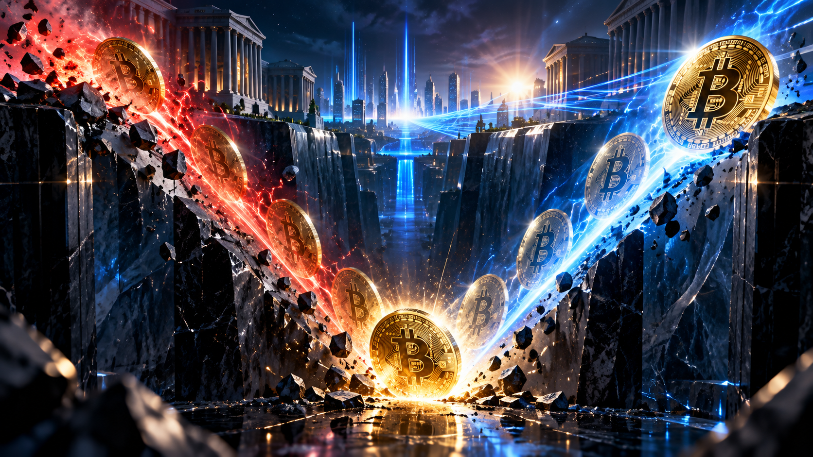 Bitcoin coins erupt from a deep canyon between dark marble walls, with red and blue energy beams and a futuristic city skyline in the distance.