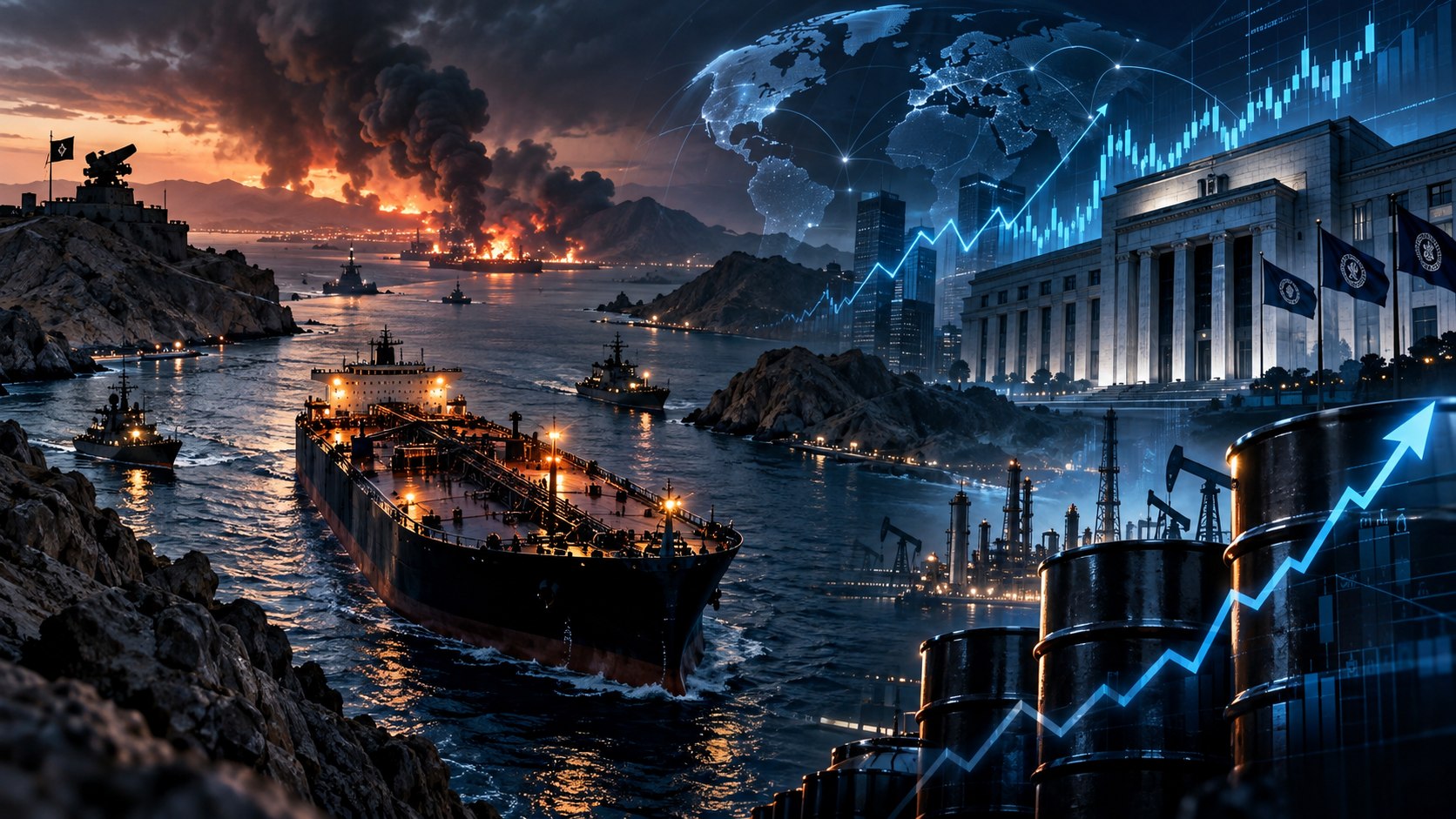 Oil tanker in a harbor at sunset with offshore rigs and a blue, upward-trending stock chart overlay.