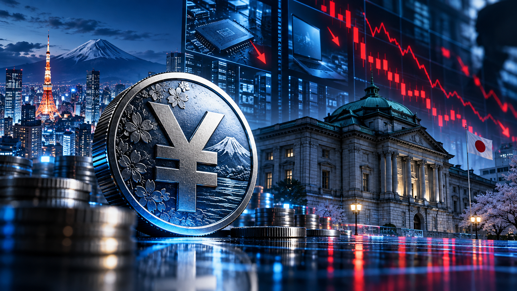 Close-up of a large Yen coin with cherry blossoms and Mt. Fuji, stacks of coins in the foreground, a blue-toned cityscape with Tokyo skyline and a Japanese government building, and red stock charts in the background.