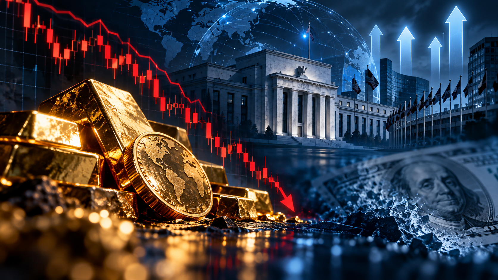 Gold bars and coins dominate the foreground as a blue globe and world map loom behind a government building, with a red downward stock chart overlaying the scene.