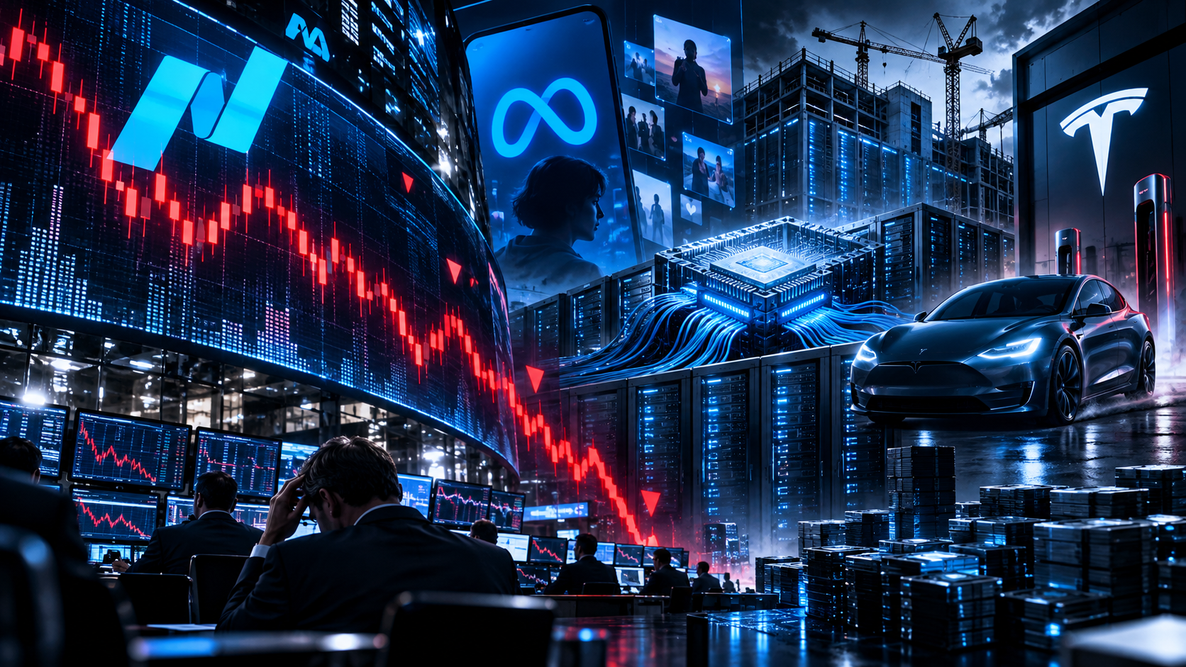 Futuristic trading floor with multiple screens showing stock charts and a blue Tesla car amid neon blue lights and server racks.