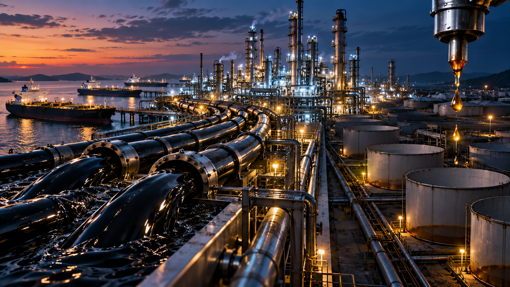 Industrial oil refinery at dusk with a network of illuminated stainless steel pipes, tanks, and distillation columns by the waterfront.