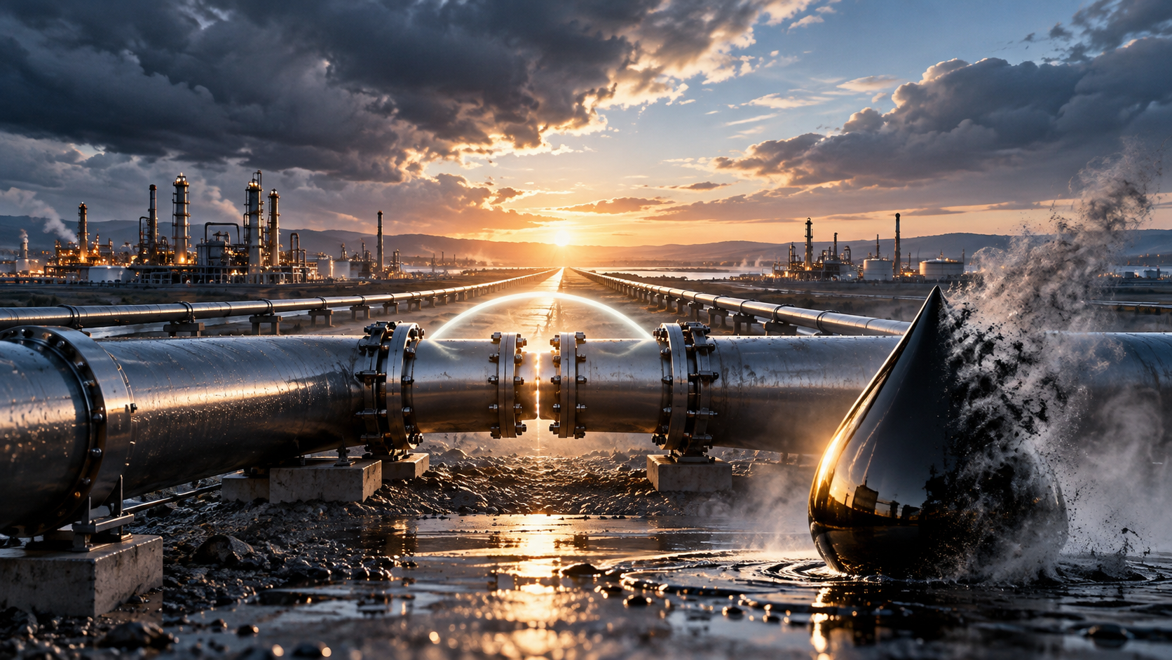 Sunset over an oil refinery with long metallic pipelines, distant processing towers, and a glossy teardrop-shaped object splashing in the foreground.