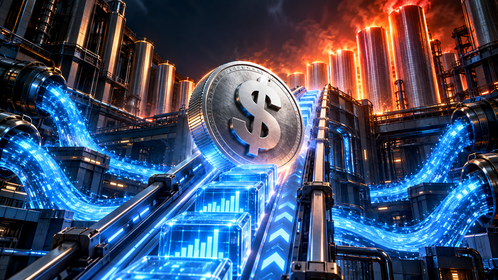 Large metallic cryptocurrency coin with a dollar sign in a high-tech factory, blue neon conduits streaming around it as energy flows forward.