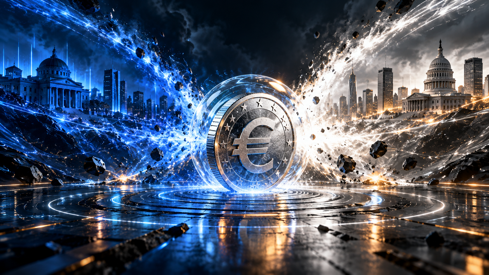 Large euro coin encased in a glass sphere sits at the center, with blue-toned left cityscape and orange-toned right skyline, symbolizing financial power and global markets.