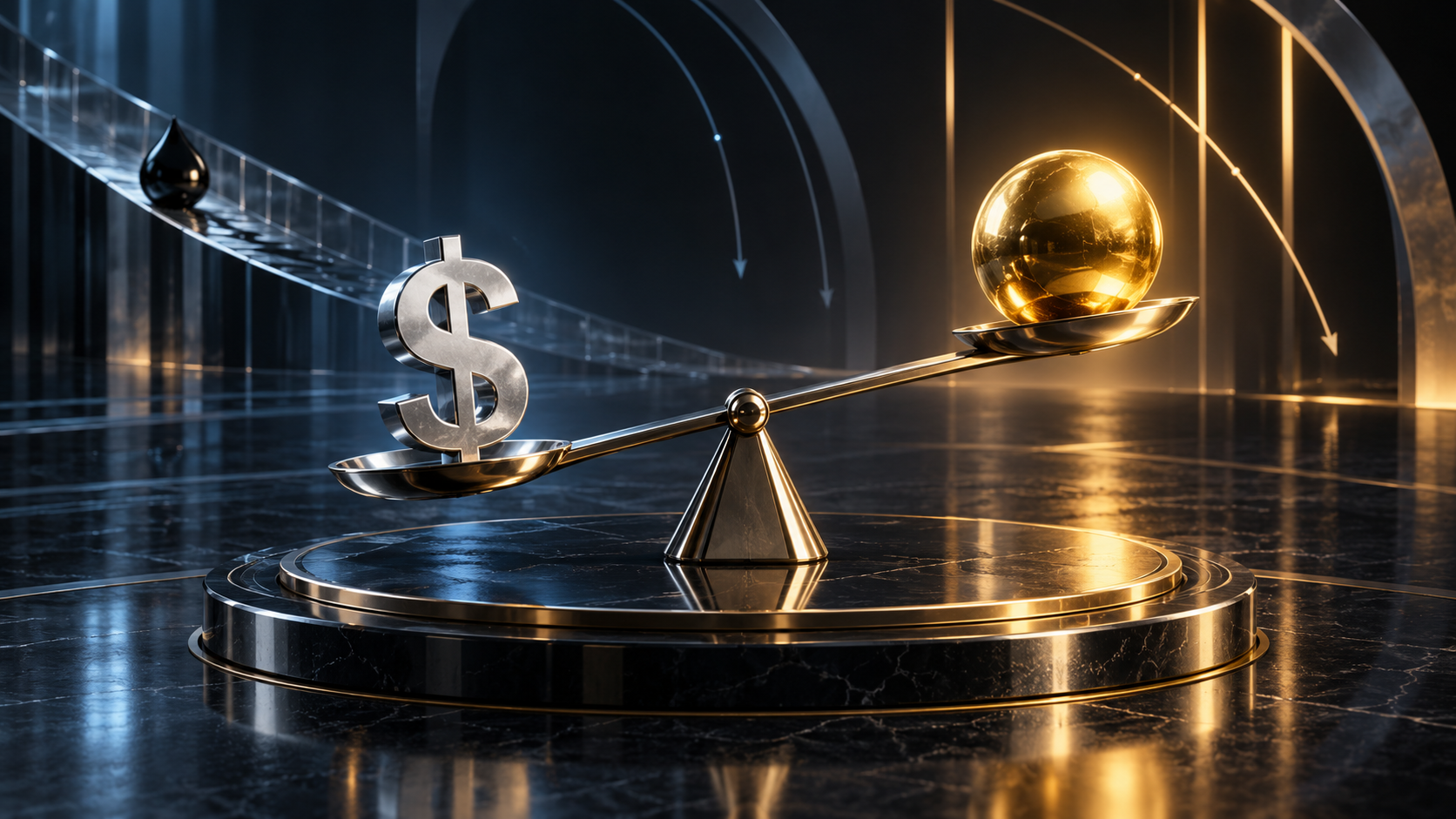 Gold dollar symbol on a balance scale, weighing the value of money against a golden sphere in a luxurious dark setting.
