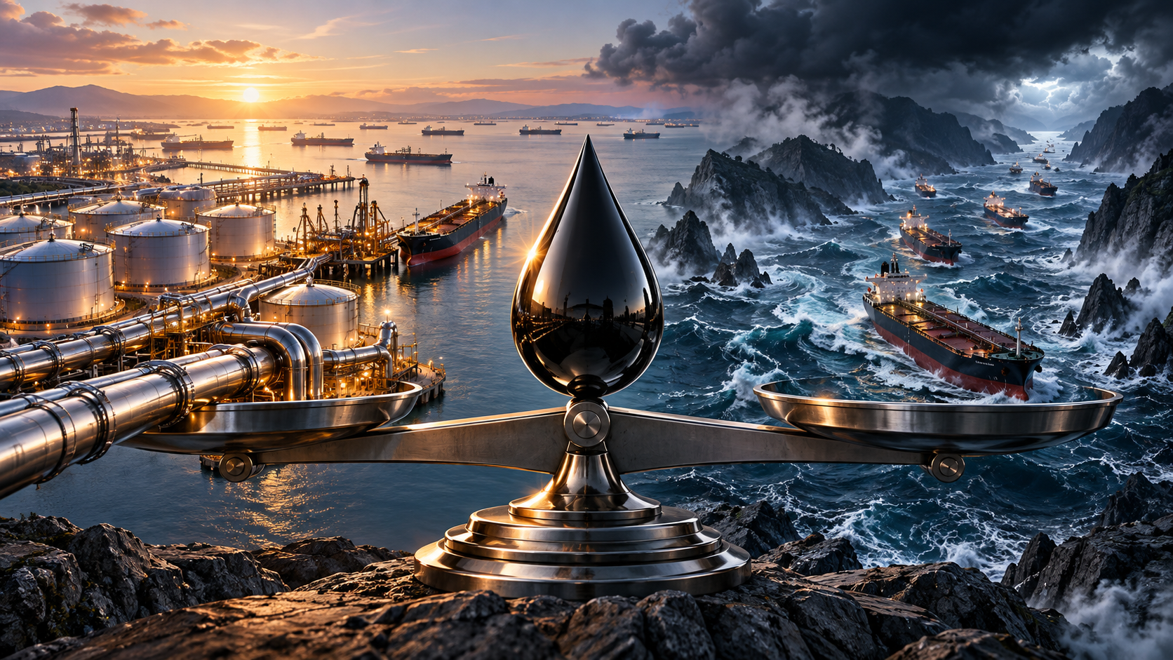 Polished metallic balance scale on a rocky foreground, with a busy oil port on the left and rough seas with ships on the right.
