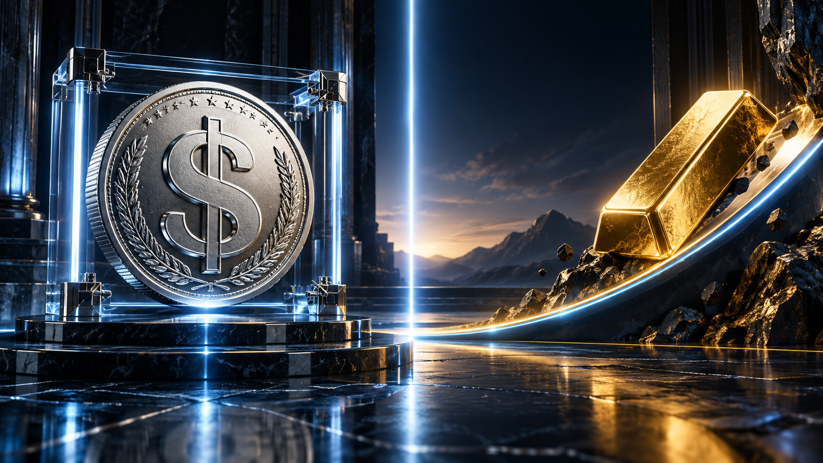 A silver coin with a dollar sign inside a glass display case on a marble pedestal, next to a glowing gold bar against a futuristic, rocky backdrop.