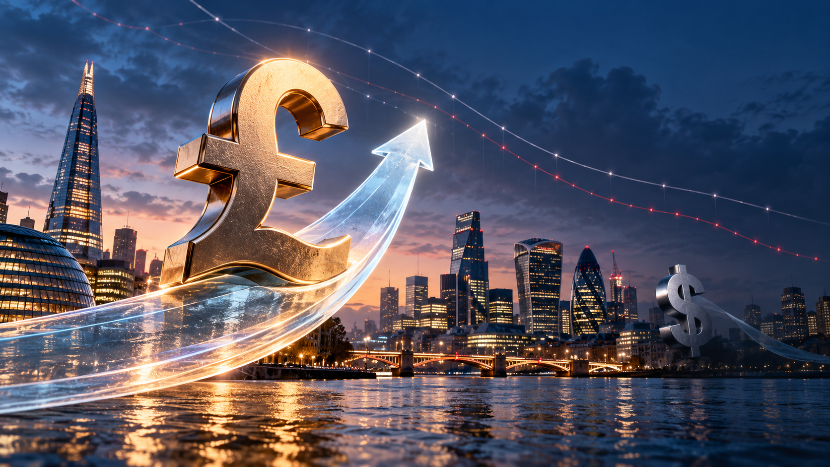 Golden euro symbol with a glowing upward arrow over a city skyline at sunset, symbolizing euro growth and financial momentum.