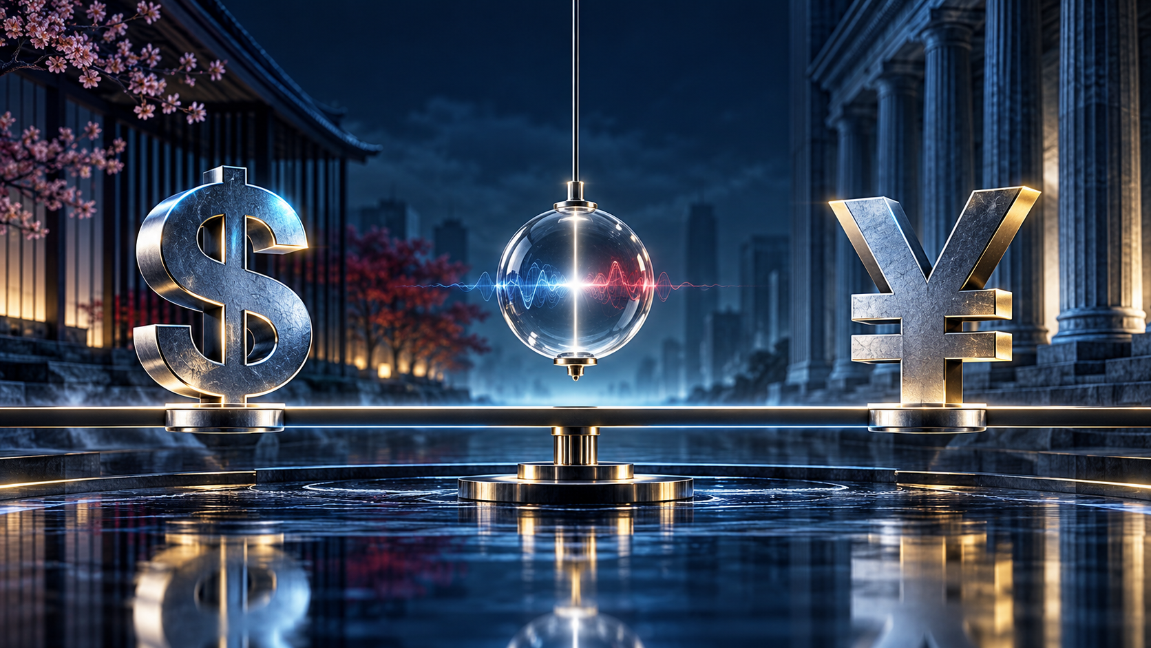 Metallic dollar sign on the left, yen symbol on the right, with a glowing glass orb between them over a reflective surface.