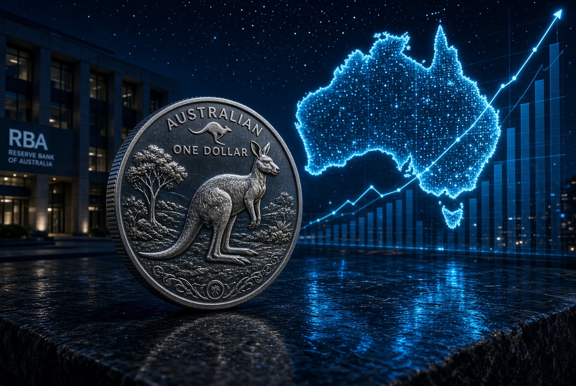 Australian one-dollar coin in foreground with a glowing map of Australia and an up-trending blue chart in the background, suggesting economic growth.