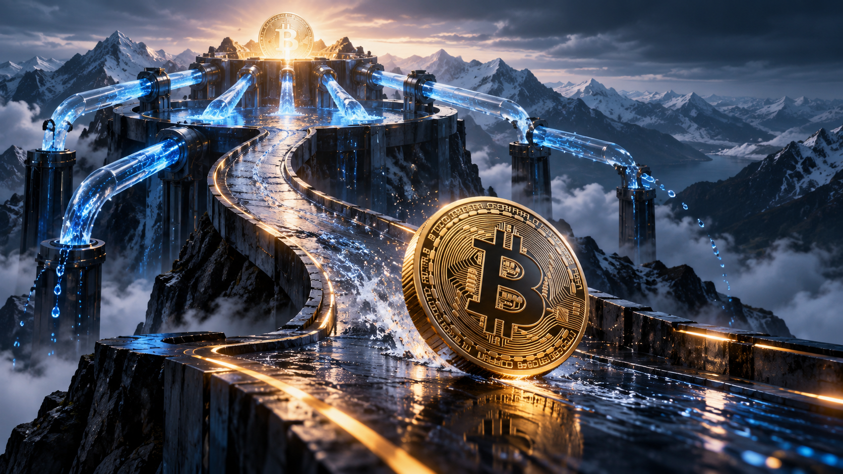 Golden Bitcoin coin rests at the end of a glowing pipeline on a icy mountain peak, conveying a futuristic crypto mining scene.