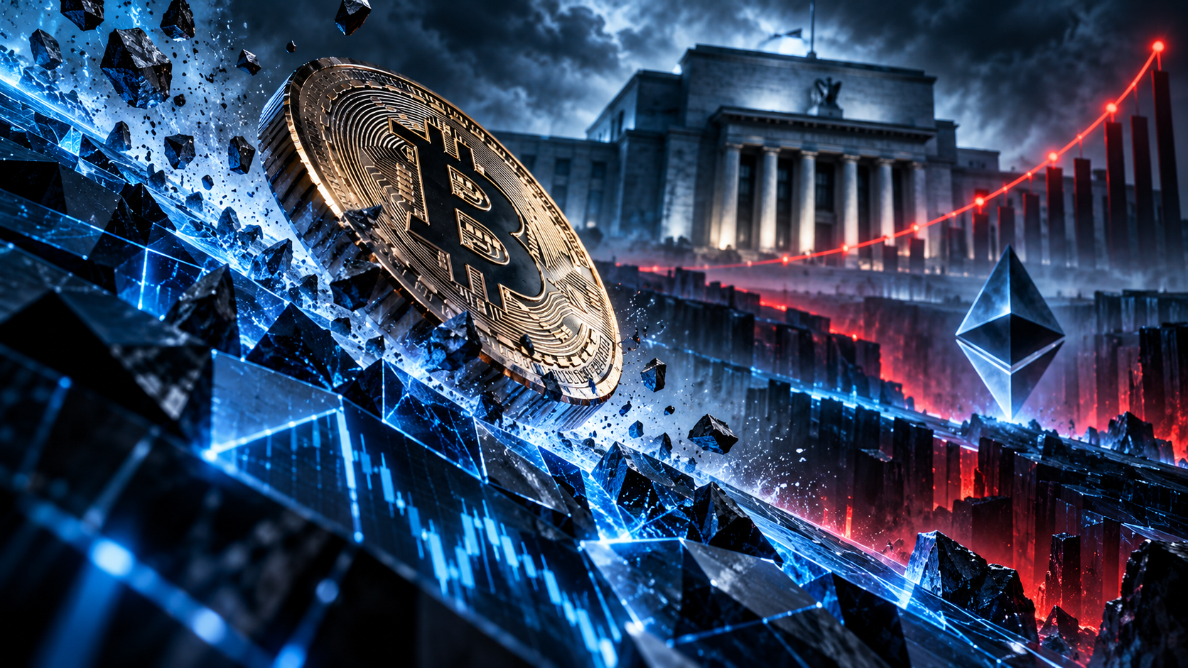 A gold Bitcoin coin rests on jagged blue crystal ground with an Ethereum emblem nearby and a red upward-trending chart in a dark skyline.
