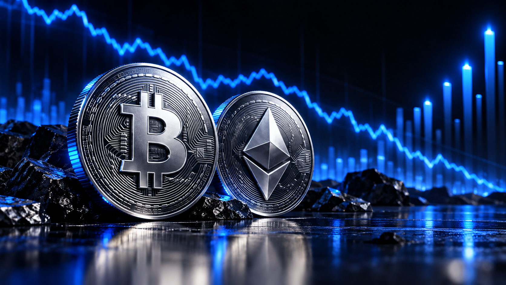 Bitcoin and Ethereum coins on a dark, reflective surface with a blue stock/crypto chart in the background