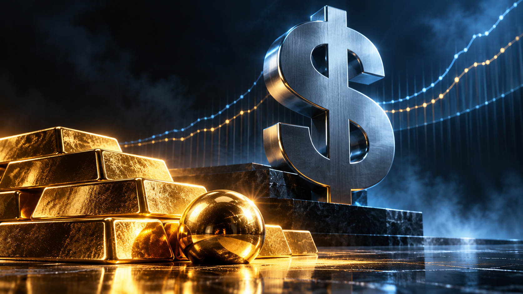 Stack of gleaming gold bars with a large metallic dollar sign on a dark marble pedestal, blue and orange light streaks in the background.