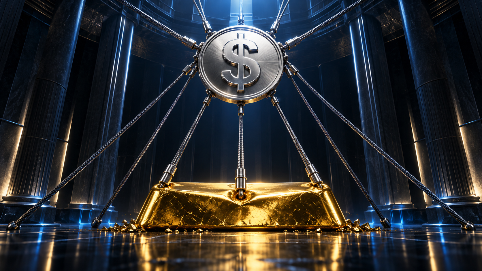 Silver dollar-sign coin suspended by steel cables above a gold ingot in a dark, futuristic vault.