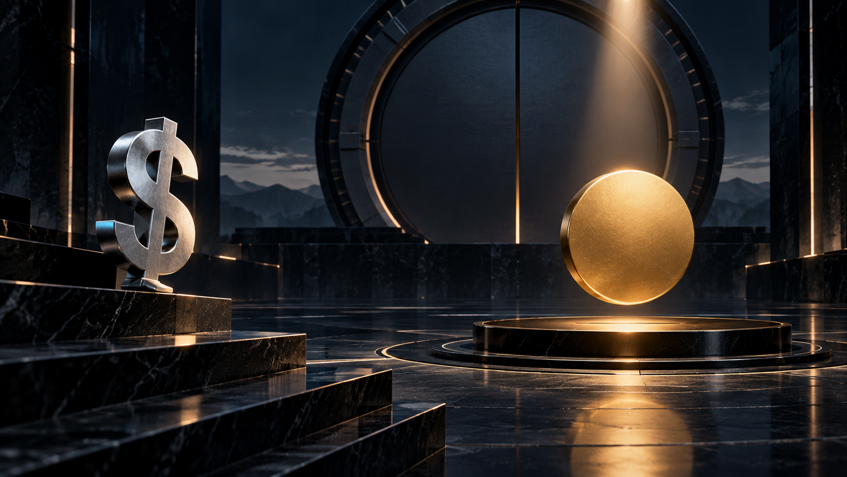Floating gold coin glows above a marble podium in a dark, high-tech vault, with a metallic dollar sign on the left.
