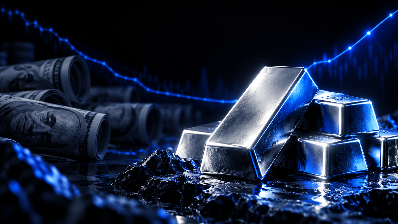 Silver bullion bars stacked beside rolled U.S. hundred-dollar bills and a blue stock chart glow.